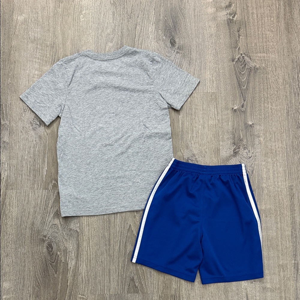 adidas Gray Tee with Multicolor Logo & Royal Blue Shorts Size 7 - Picture 6 of 7